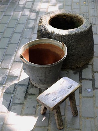 well, bucket, stool