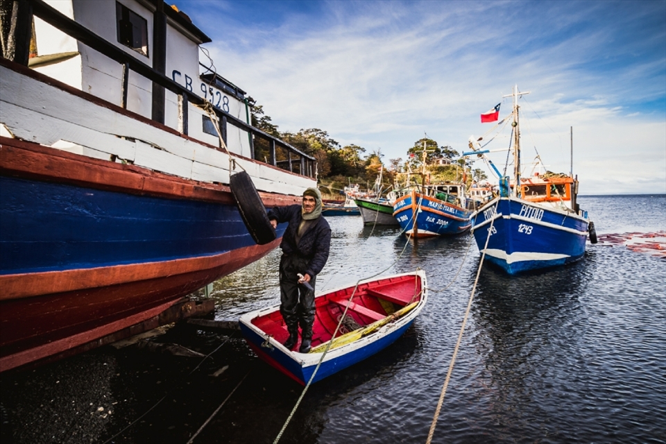 Bahia Mansa, Punta Arenas, Chile - A fisherman with its knife coming back from work. This is a little fishing bay from where only small amount of men live on their boats, they only go to land to drop what they caught, in this case, it was a certain algae that they were selling to the Japanese for cosmetic use. He said that the fish they get here, is not sold outside of Chile, as is their food, and needs to stay with their people not with others. 