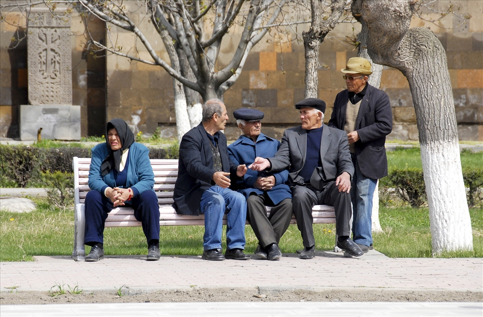 The yard of spiritual centre of the Armenians - Echmiadzin. This woman is the opposite picture of the armenian woman who still in this age are used to wear skirt.