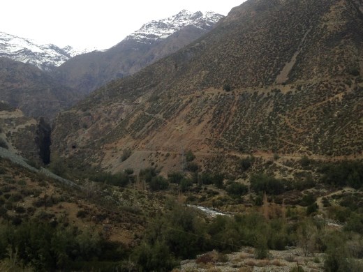 Close to the foot of the mountains (still in Chile); across the way you can see the old train tracks, the original way to cross the Andes...