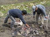 Members of the Wati family place root vegetables on hot stones to cook for a traditional meal. Behind us, groups of tourists are seen walking by. : by ciaranballantyne, Views[423]
