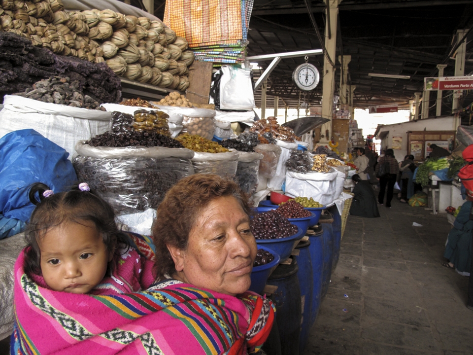 A woman carries her child in the customary fashion as she waits by her produce for a prospective buyer in the market closest to the tourism center of Cusco.