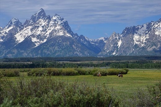 Cowboys riding through Grand Tetons