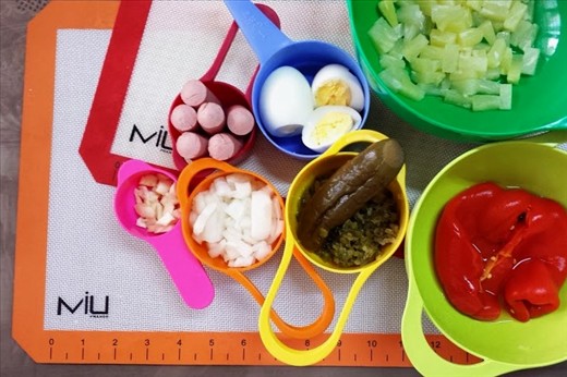 The ingredients to be mixed in, all lined up