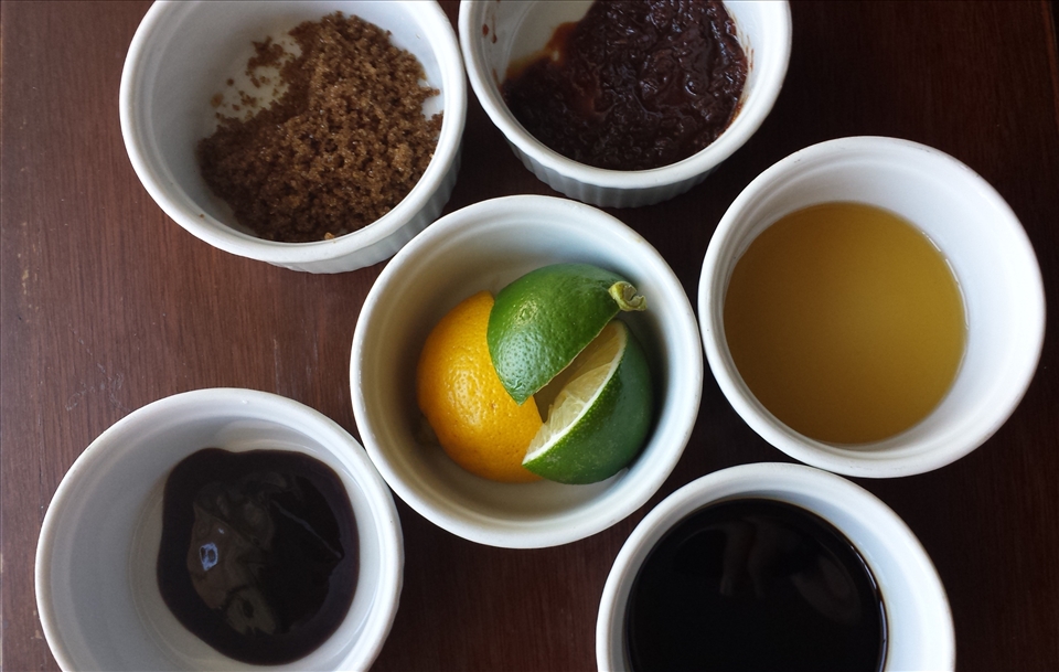 Oyster sauce, fish sauce, soy sauce, lemon and lime, sugar, shrimp paste