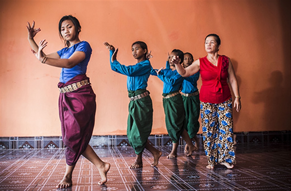 A dance troop practices at a local school in Siem Reap