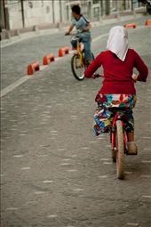 A girl riding a bike on the street of a residential place with her friend.: by coloredcity, Views[662]