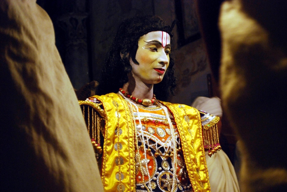 A man performing the dramatic art plays of Sattriya called Ankiya Bhona were first written in the 15th century primarily from episodes of the Mahabaratha and the Ramayana: two Indian epic, here in Majuli river island, the cultural capital and the cradle of Assamese civilization for the past five hundred years.