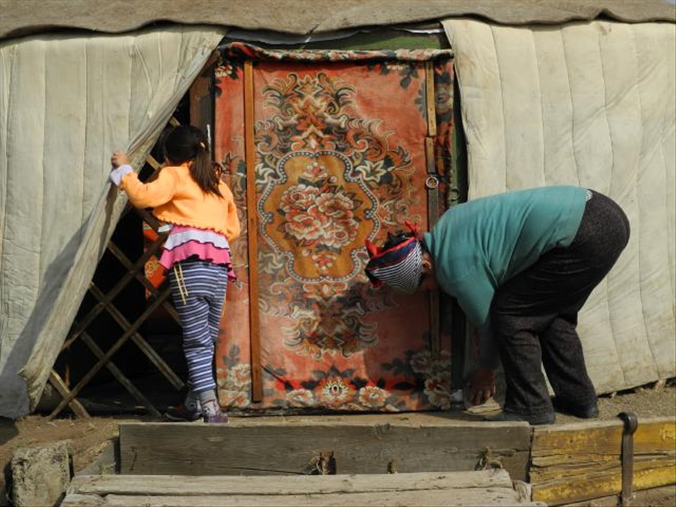 Girl looking into a yurt during its set-up. Bulgan, Mongolia