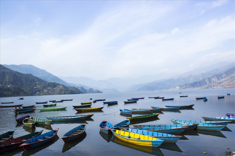 Boats of various colors parked at the shore of the Phewa lake.