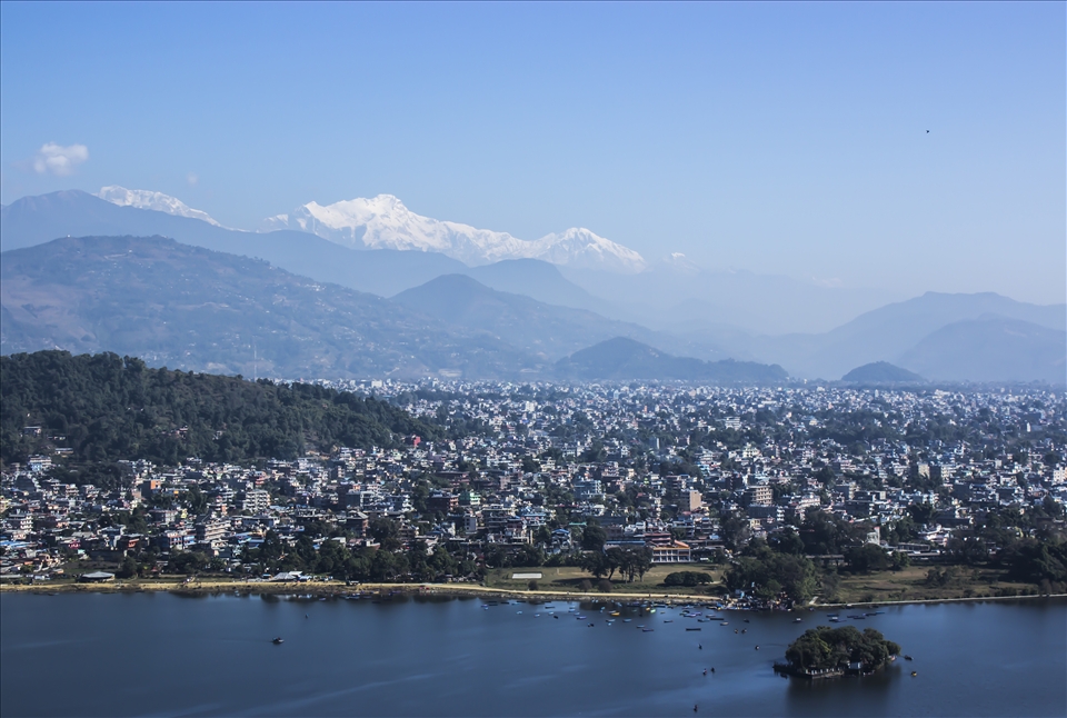 An overview of the Pokhara city from a gumba up above in the mountains.