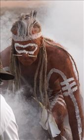 Smoking before Corroberee: In central Australia, while in preparation for a corroberee dancers will stand in eucalypt smoke to cleanse themselves spiritually. This white man has adopted the ways of the Blackfellas from his Celtic origins, feeling the ceremonies of the land under his feet.: by croissant_warrior, Views[329]