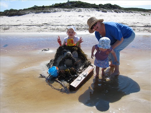 Making a giant sand monster with Granny.  Hansen Bay, Kangaroo Island
