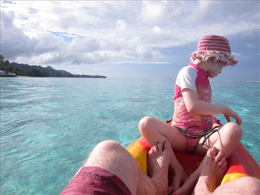 Sam took Jemima out in the kayak to look at the fish. Aroa beach, Rarotonga