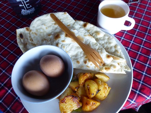 Breakfast of champions; boiled eggs, potatoes, flat bread.