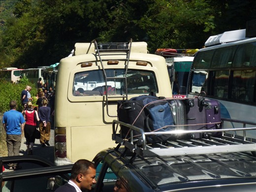 Bus jam on the road to Kathmandu from Pokhara. 