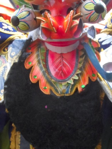 trying on the dancer's masks