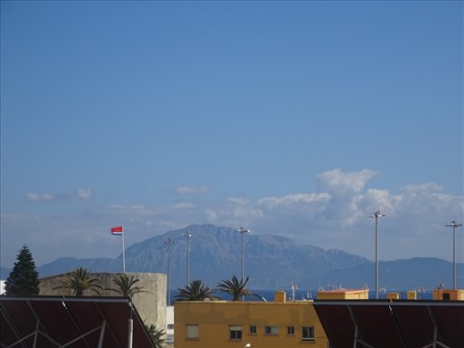 View of Morocco mountains from the roof in Tarifa Spain. 