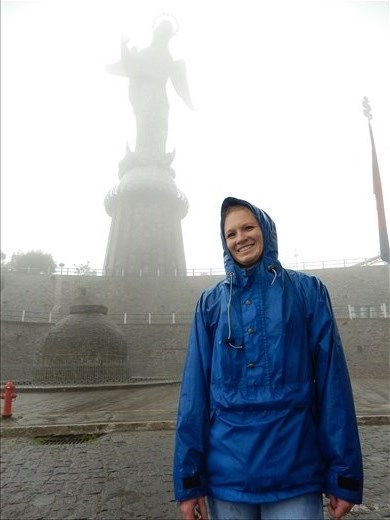 The long trip to the top of Panecillo was to see this partial view of a angel statue on top of the mountain overlooking the city of Quito. After this the rain really started coming down so we made our way back to our room to wring out our clothes and get warm. 