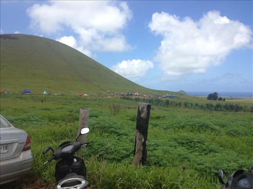 This is the site of the Banana Tree Races. We had heard about them but were not sure exactly what day or time they would be on. After leaving Galapagos we traveled for 26 hours by boat, cars and planes to arrive on Easter Island one hour before they started. Our host Maria drove us to this location with 5 minutes to spare. 