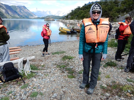 Boarding the Zodiac across the lake. The tour group was small because the government only allows 15 people to enter this arm of the park per day. We were very fortunate to get in and even heard they were thinking about closing the tour because the tour company cannot make enough money with the restricted amount of tourists. 