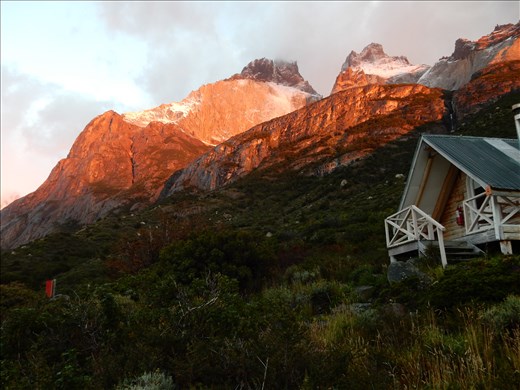Sunrise at refugio Cuernos with a bit of a headache from the box wine. 