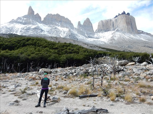 Tower on the right is Cuernos and towers on the left are still up for debate. We think it's the back side of Torres del Paine but have heard conflicting stories. 