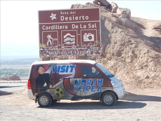 We traveled from La Serena to San Pedro de Atacama. On the way we saw this travel van and found out later from a french couple its a company called Wicked. They rented  one with the Coyote eating the Road Runner. 