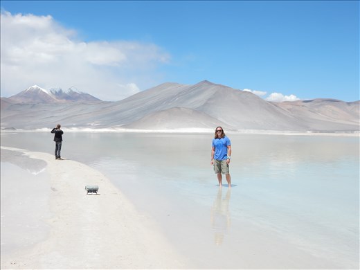 Wading in the salty waters of Lake Miniques. 