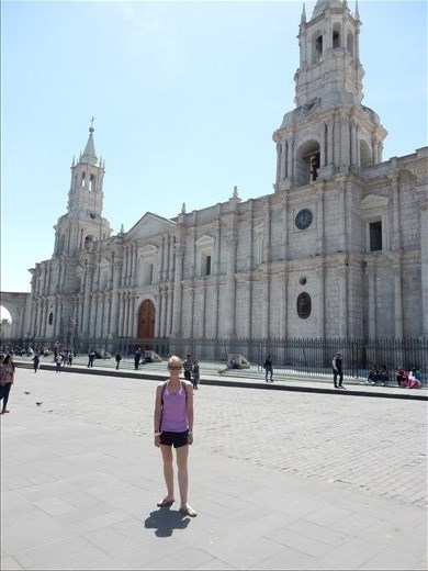 Basilica Catherdral located in the city of Arequipa. As with most buildings in the area the cathedral was built using white petrified lava giving the city the name 