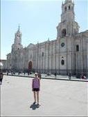 Basilica Catherdral located in the city of Arequipa. As with most buildings in the area the cathedral was built using white petrified lava giving the city the name 
