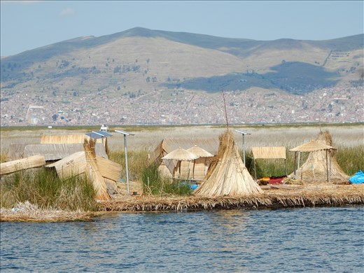 Arriving at Uros floating reed islands. 
