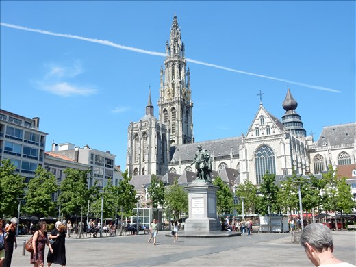 The Cathedral of our Lady in Antwerp, Belgium. This church began construction in 1352 and was completed in 1521. The intention was to build two identical spires but the church burned down in 1533 and all the energy and resources were focused on restoring it leaving no money for the second spire. 