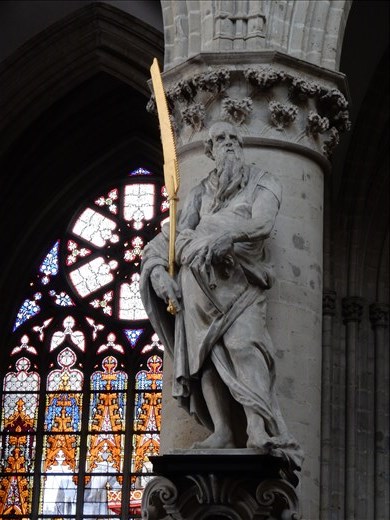 Cathedral of St Michael had twelve life sized apostles on columns. This is Saint Simon holding a saw. According to legend he was martyred by being sawed into pieces.  