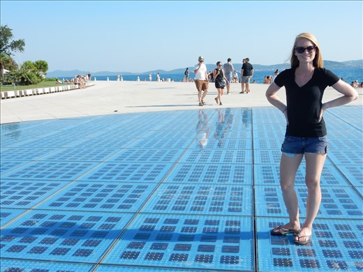 Solar panels and Sea Organ at Zadar. The Solar panels light up at night and the Sea Organ plays music by way of sea waves and tubes located under marble steps. 