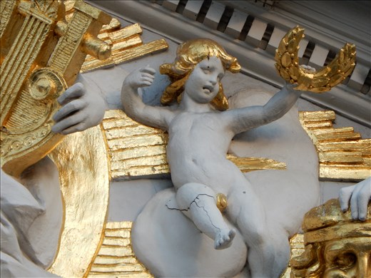 One the best parts of the theater was the cherub inside the pediment with the golden penis. Rumor says it was painted by the decorator as an act of revenge to upset the opera house. 