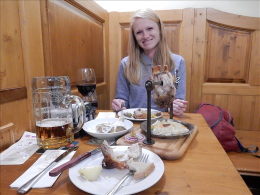 Enjoying the local cuisine. Pork knuckle, coleslaw and of course beer. 
