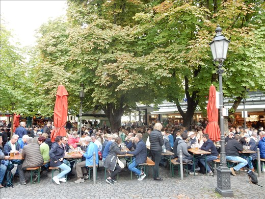 Back to Munich for a city walking tour and one of the many outdoor beer gardens. In the 19th century prior to the advent of refrigeration, German brewers would dig cellars for lagering (Lager is German for storeroom or warehouse) to keep the beer cool during the summer months. To further protect the beer from the summer heat Chestnut Trees were planted above the cellars which have spreading dense canopies but shallow roots that would not intrude on the cellars. The practice of serving beer at these sites evolved into the modern beer garden. 