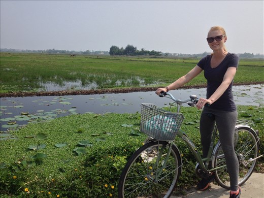 Back on our bikes through rice patty fields. 