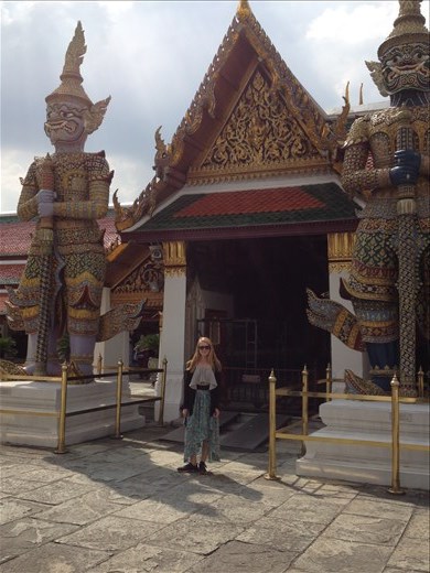The temple is guarded by angry looking giant demons. 