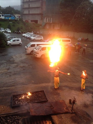 A fire walk in the parking lot. 