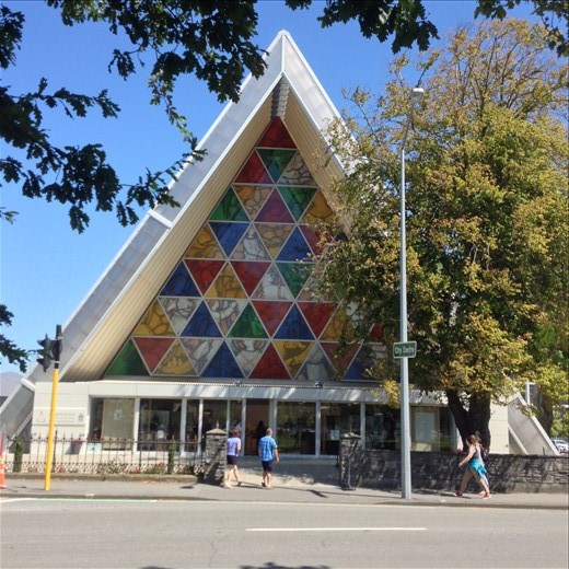 Damaged by the 2011 Christchurch earthquake the Cardboard Cathedral was designed by a Japanese architect. The cathedral is made of cardboard tubes, eight shipping containers forming the walls, concrete and wood. 