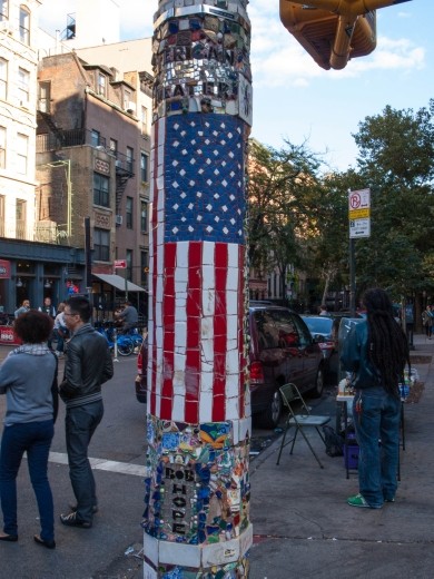 The lamp pole mosaic trail in East Village between Broadway and 8th