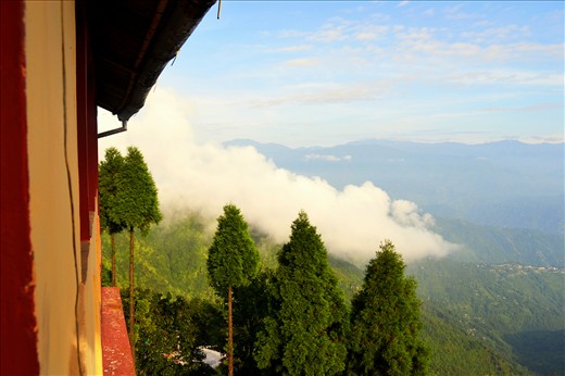 A VIEW OF THE GREAT HIMALAYAN RANGE FROM A HOTEL BALCONY.