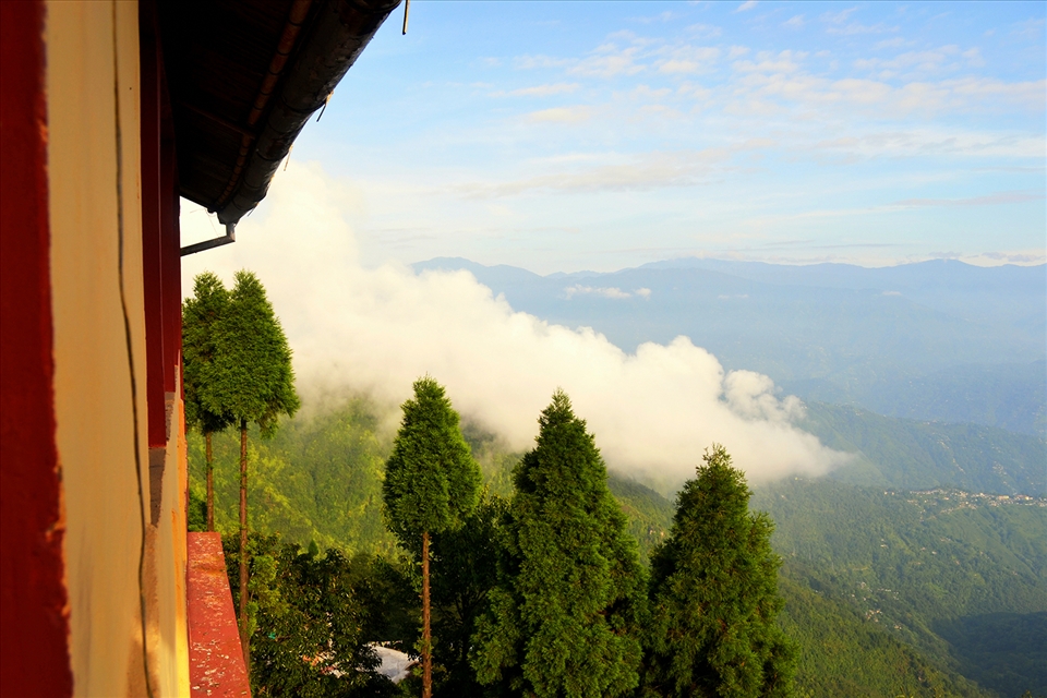 A VIEW OF THE GREAT HIMALAYAN RANGE FROM A HOTEL BALCONY.