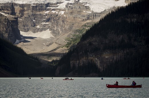 St. Louise Lake, AB filled with ice-cold water, and adventerous Kayakers. 