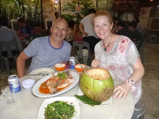 whole snapper in chilli sauce, prawn coconut curry and spinach with garlic