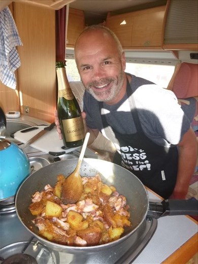 Octopus and potato pan fry (Mark has forgot his shaver!)