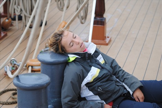 Catching 40 winks. This crew member learned quickly to be an oppurtunistic sleeper. Watches rotated in 4 hour cycles on board, meaning that you worked from (for example) 4-8 o'clock each morning and afternoon. Trying to sleep in the intervening hours, with the ship pitching and rolling, was almost an artform. So every nap counted.