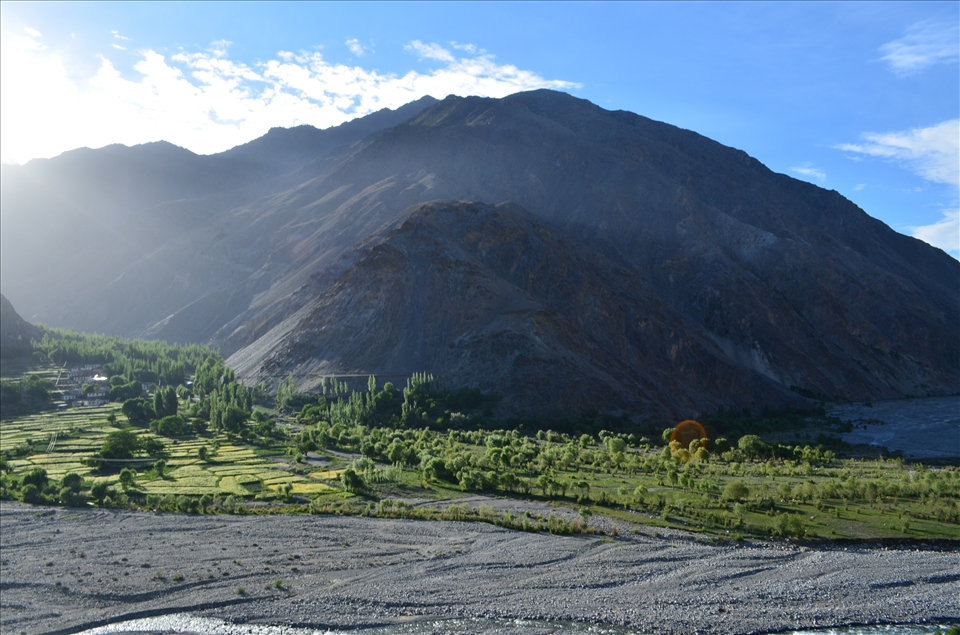 Sun rays passing by the sadara village on the outskirts of Deosai